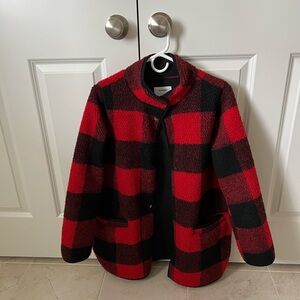 Old Navy Red and Black Teddy Jacket with Cozy Fuzzy Material and Casual Style